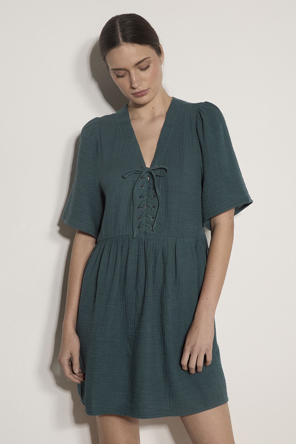 Apricot Textured Lace-Up Cotton Mini Dress