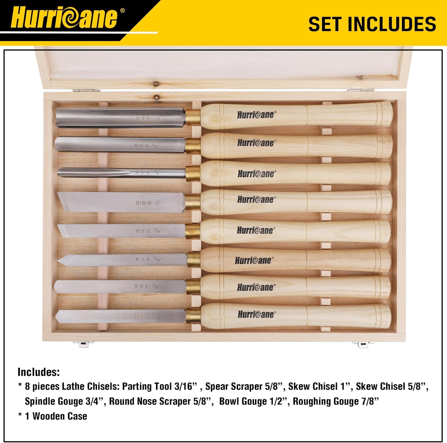 HURRICANE 8pc Wood Lathe Chisel Set, M2 HSS Wood Turning Tools with 10 Solid Hardwood Handles, Lathe Tool Kit for Beginners and DIY Hobbyists, Includes Protective Wooden Box