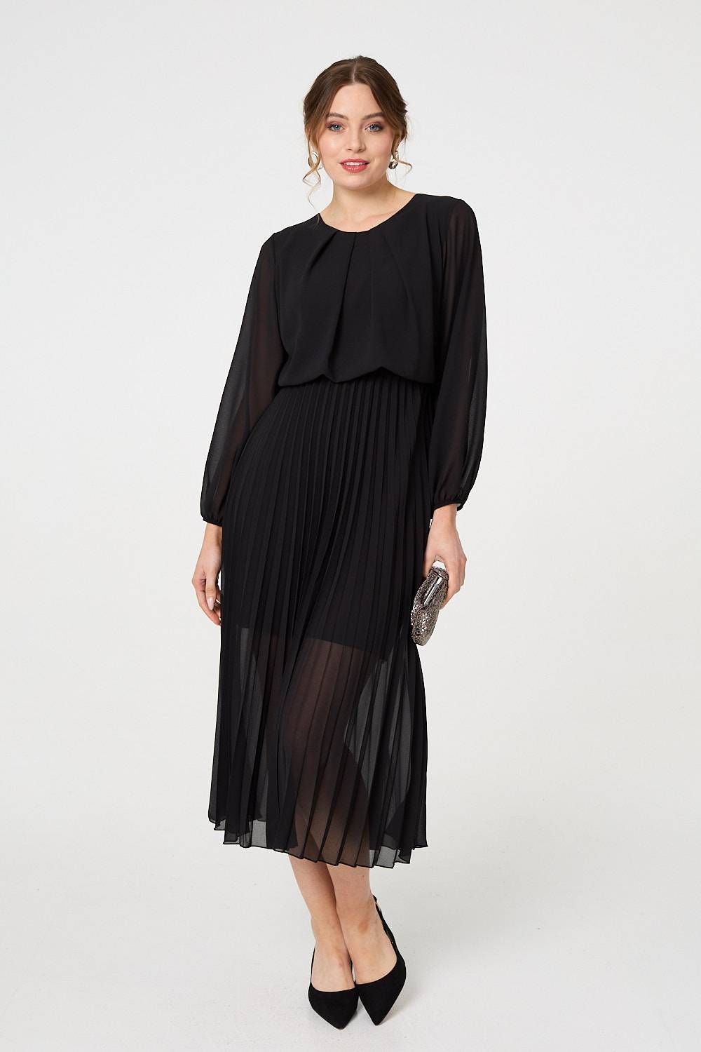 Izabel London Semi Sheer Pleat Long Sleeve Midi Dress