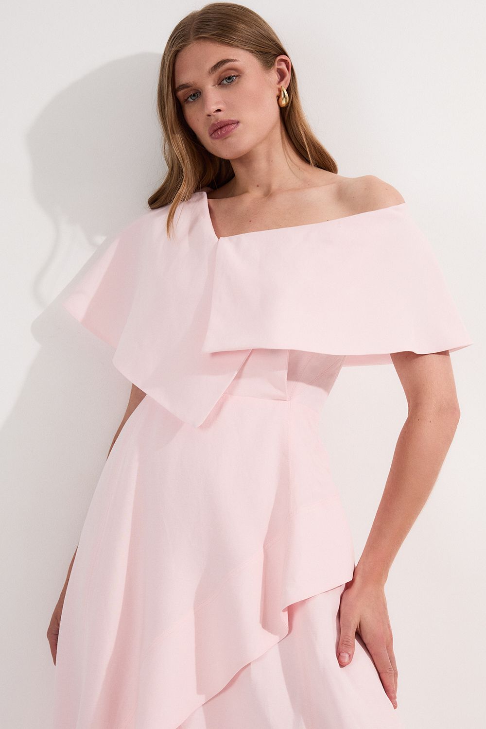 KarenMillen Premium Tailored Linen Asymmetric Shoulder Full Midi Dress