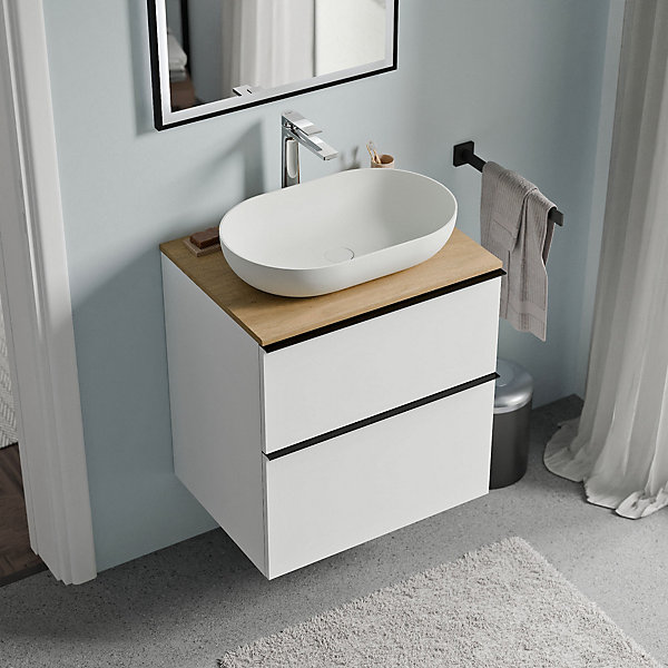 Meuble sous vasque suspendu MDF Blanc mat, plan vasque Chêne miel, poignée Chrome - 60x46x62cm - LAVOA