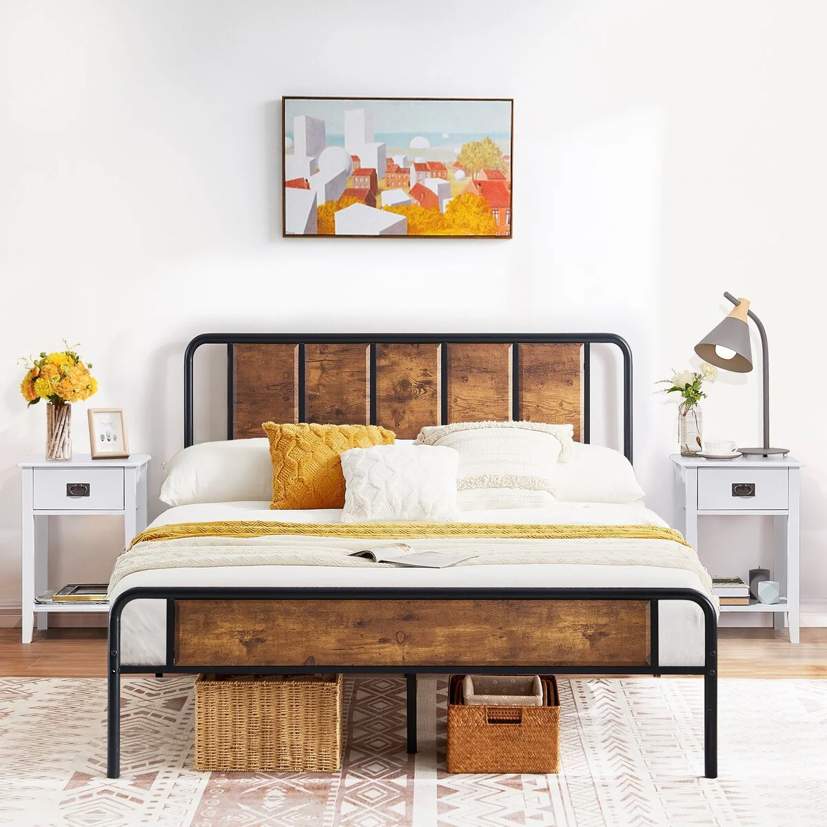 3-Pieces Bedroom Set Rustic Brown Platform Bed Frame and 1-Drawer Nightstands Set of 2