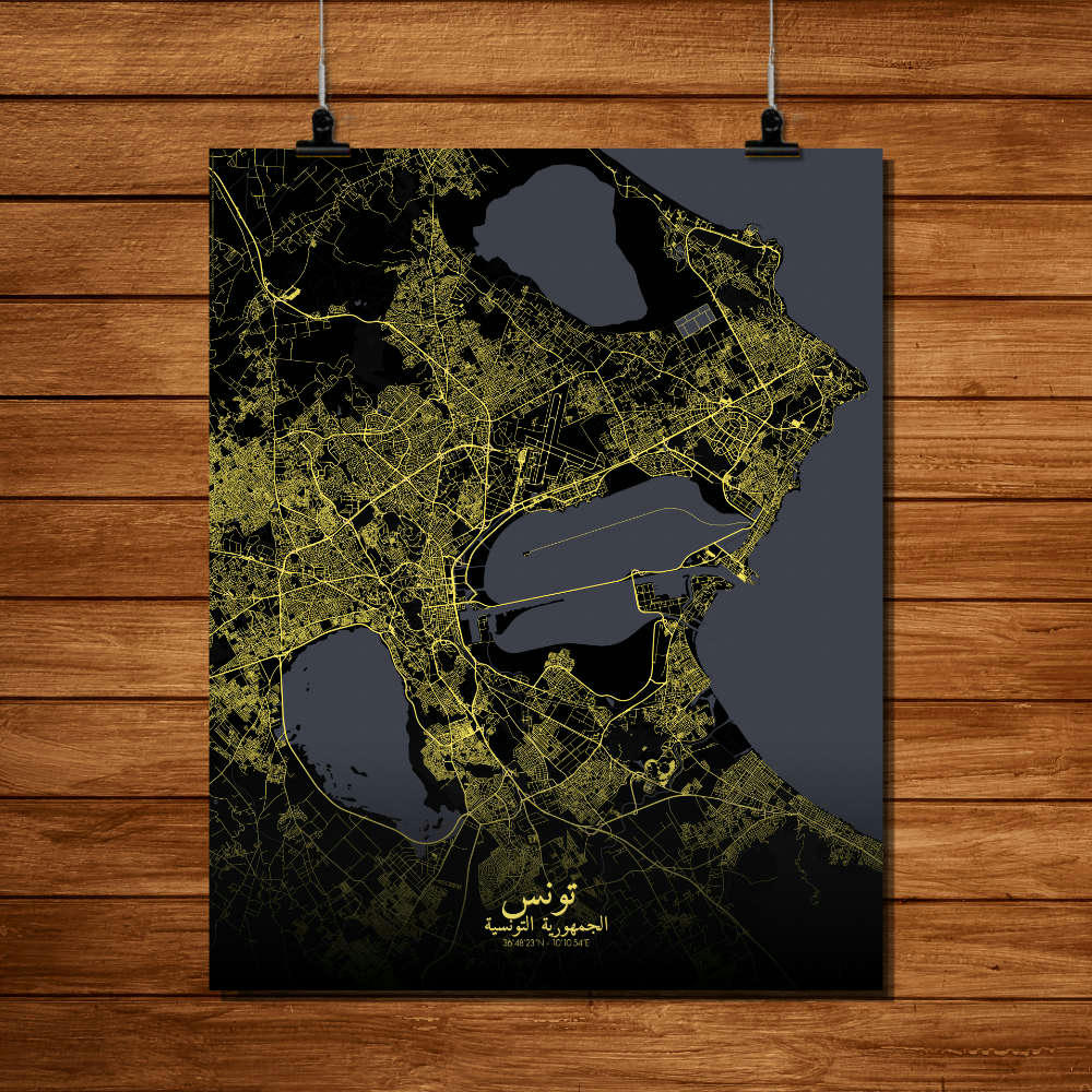 TUNIS - Affiche Tunis Carte Nuit 40x50
