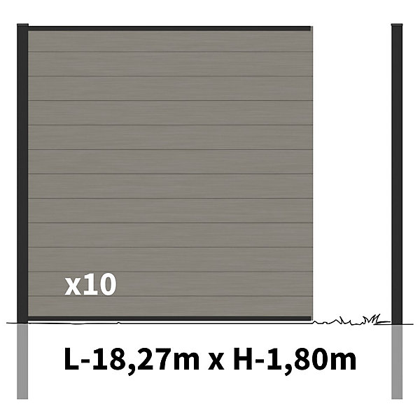 Kit Clôture Bois Composite Platine 18x1,8m RIO - Poteaux en Aluminium Noir - Brise Vue - Palissade