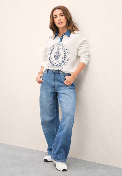 Womens Cream Denim Collar Slogan Sweatshirt