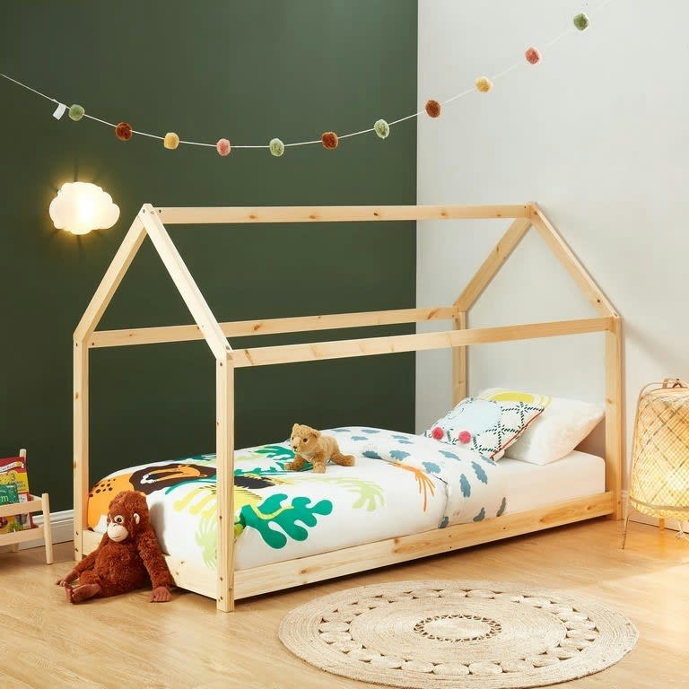 TINY - Lit enfant cabane   pin naturel  90x190 sommier inclus bois clair
