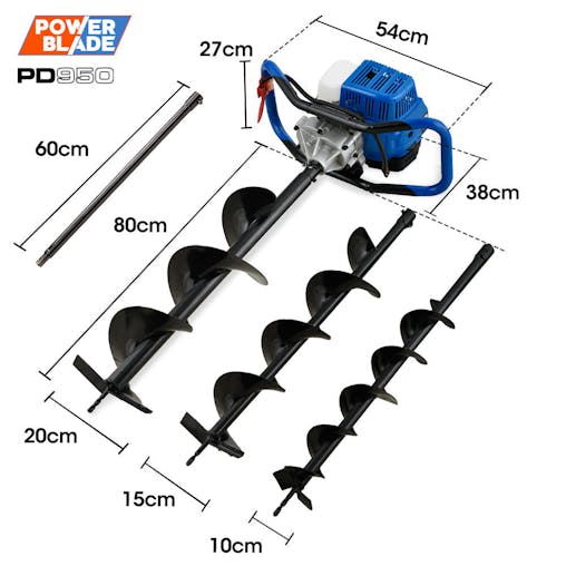 NNEMB PD950 52cc 2-Stroke Petrol Post Hole Digger, w/ 3 Auger bits, 600mm Extension Shaft