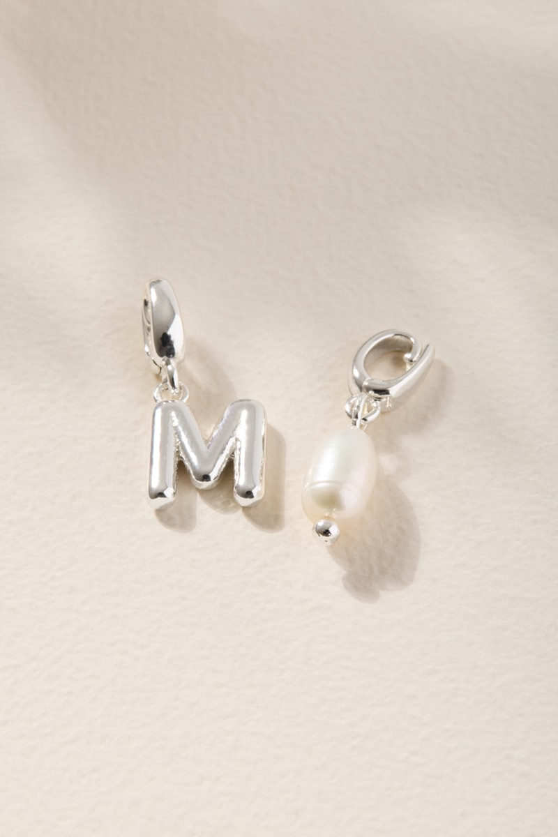 Initial and Fresh Water Pearl Charm Set Silver