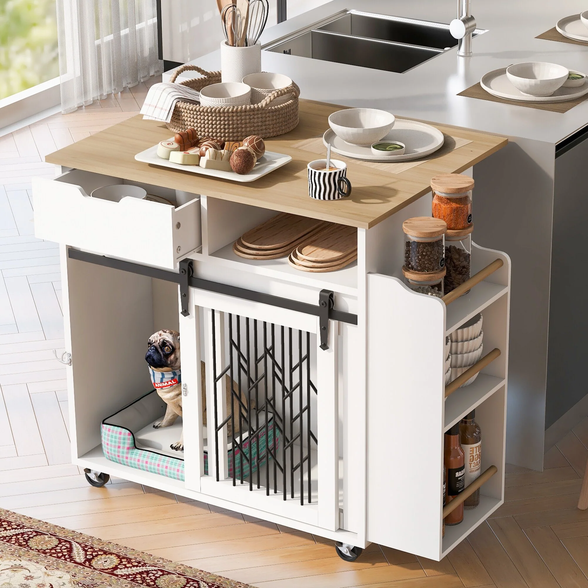 Farmhouse Dog Crate Kitchen Island with Drop Leaf, Pet-Friendly End Table Mobile Kitchen Cart with Storage