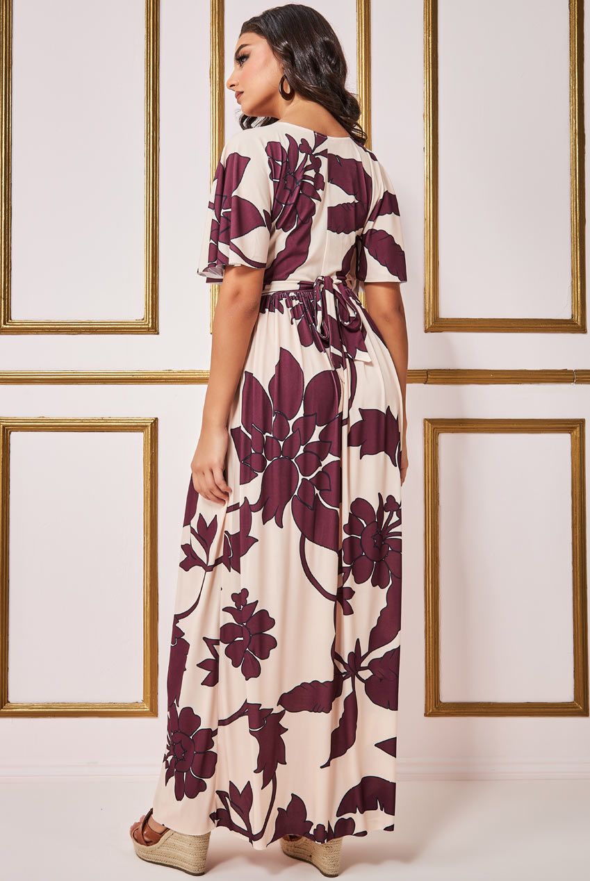 Goddiva Leaf Print Flutter Sleeve Maxi Dress