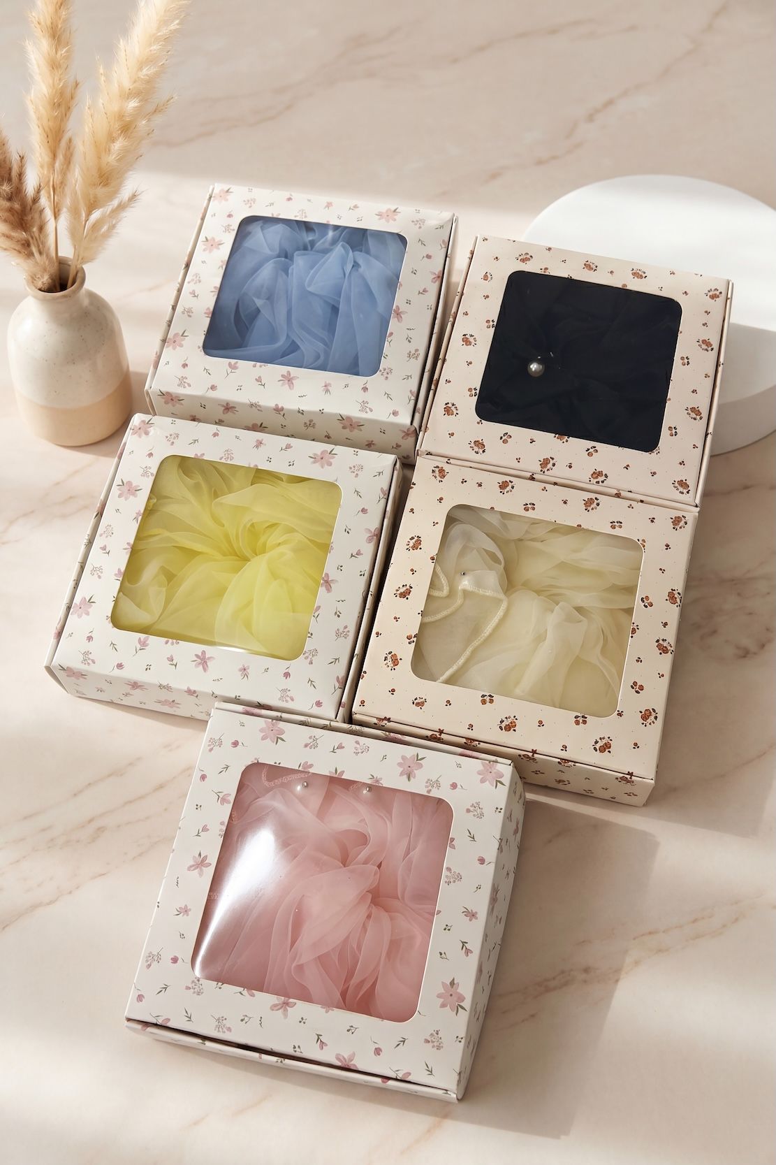 Vellin Oversized Pearl Organza Hair Scrunchie 5 Pics Set With Box