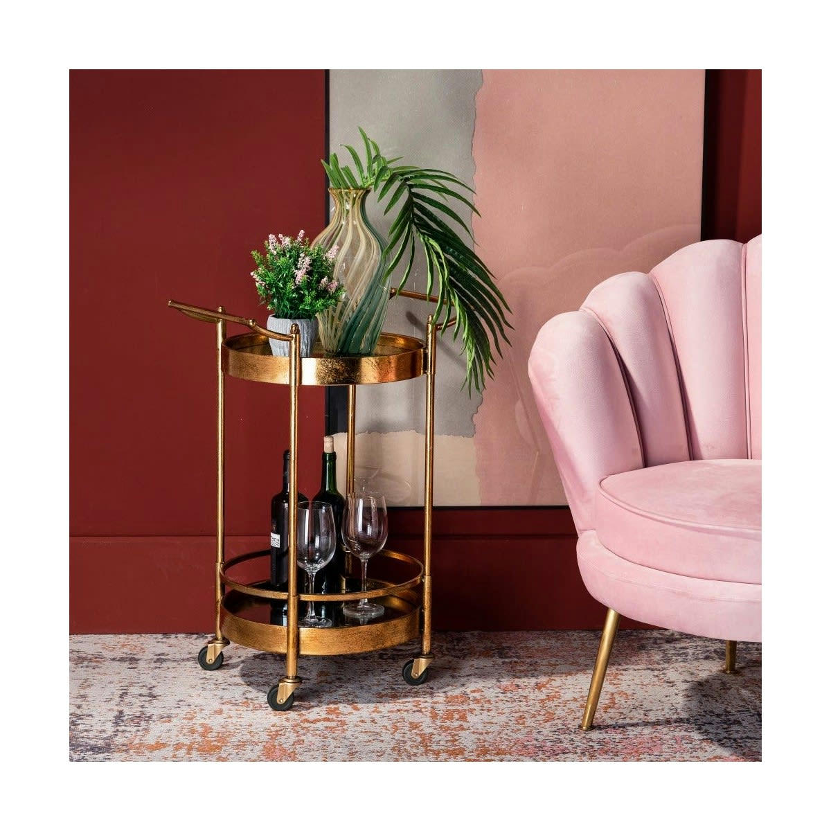 OR - Desserte ronde apéritif salon en métal doré et plateaux miroirs