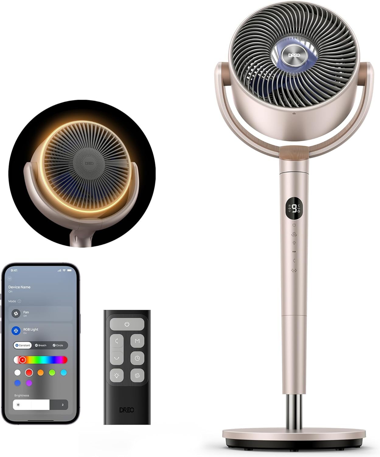 DREO Smart Fans for Bedroom, 120° +120° Omni-Directional Oscillating Fan, 100ft Quiet Pedestal Fan with RGB Light, 9 Speeds, 6 Modes, 20dB, 8H Timer, Wi-Fi/Voice, 35-40 Floor Fans, Starlight