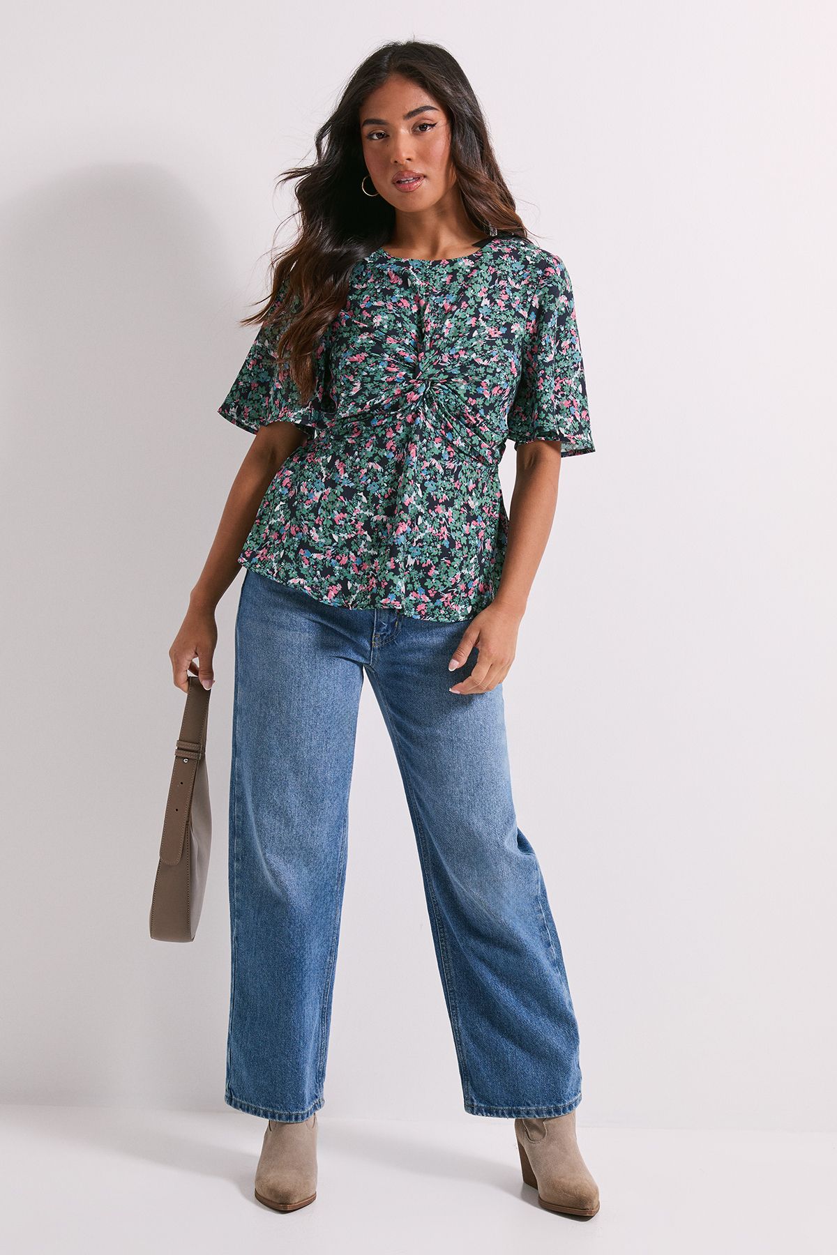Dorothy Perkins Petite Ditsy Twist Front Angel Sleeve Top