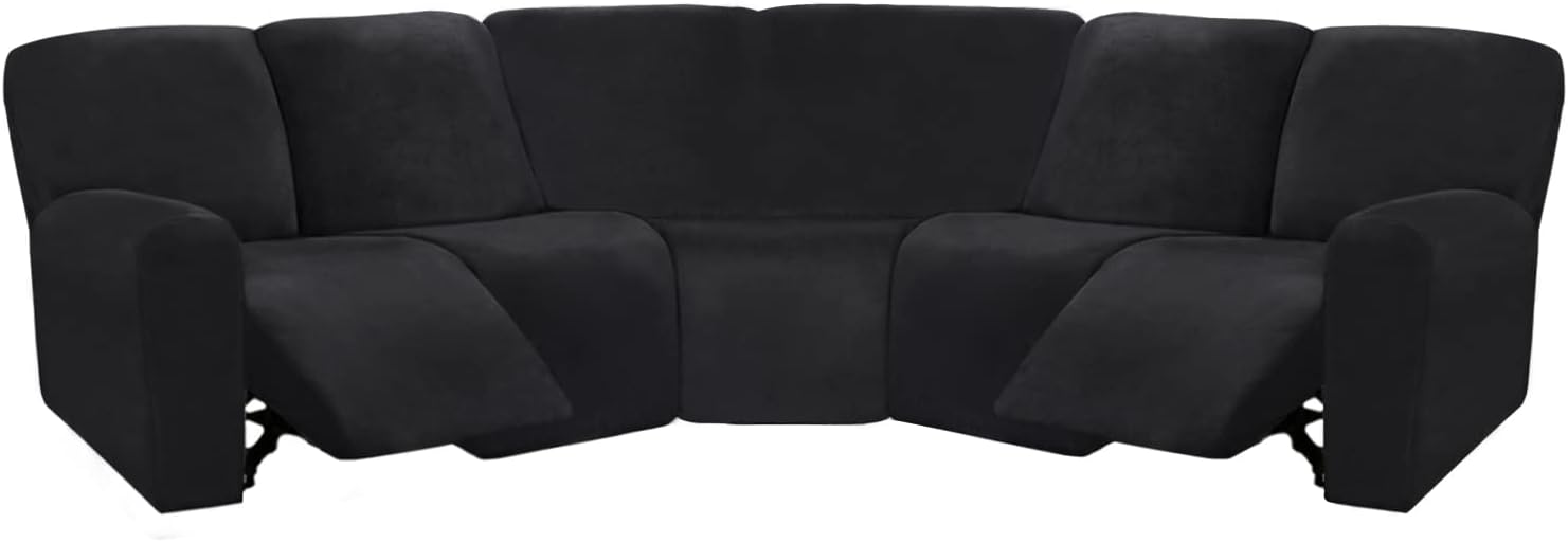 ULTICOR 7-Piece L Shape Sectional Recliner Sofa Covers, Velvet Stretch Reclining Couch Covers for Sofa, Thick, Soft, Washable (Black, 5 Seat Cover)