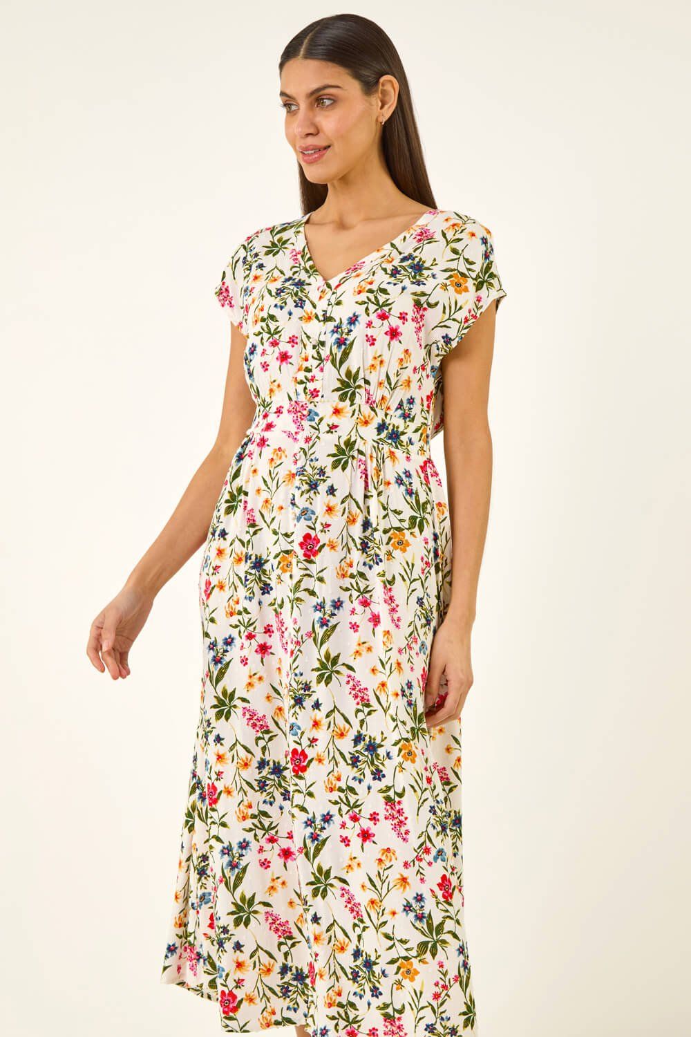 Roman Floral Print Textured Midi Dress