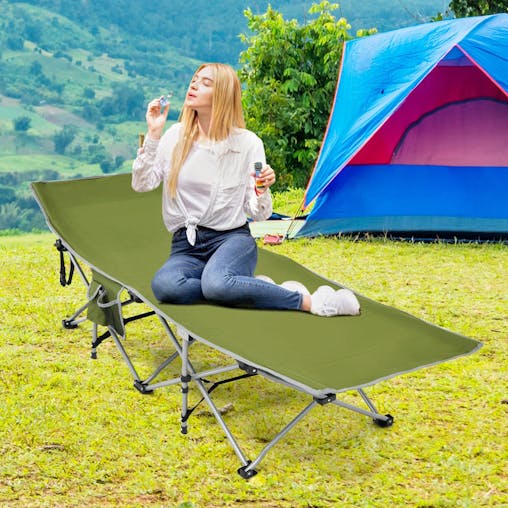 NNECW Folding Camping Cot with Side Storage Pocket & Detachable Headrest-Green