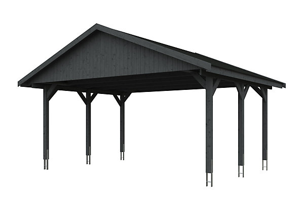 Carport SKAN HOLZ Wallgau 620 x 500 cm, traitement coloré gris ardoise, avec bardeaux noirs