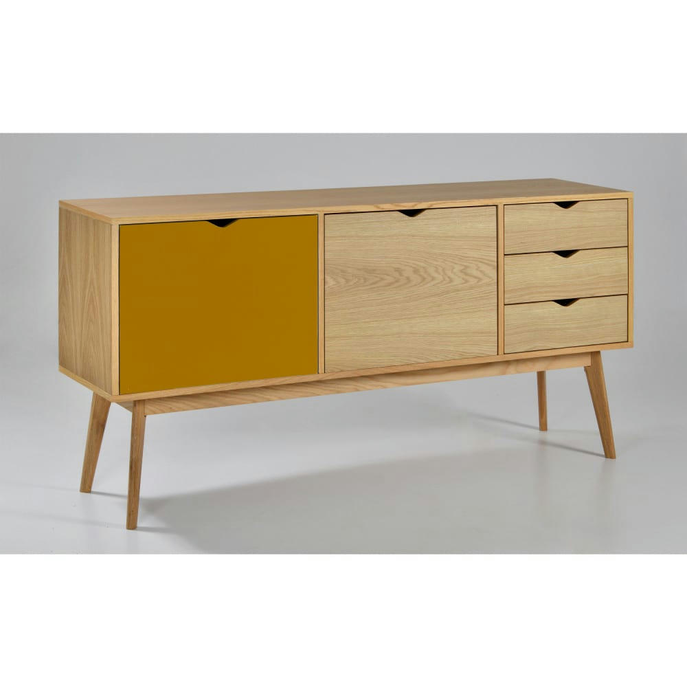 STRÖM - Buffet design 2 portes 3 tiroirs chêne porte ocre
