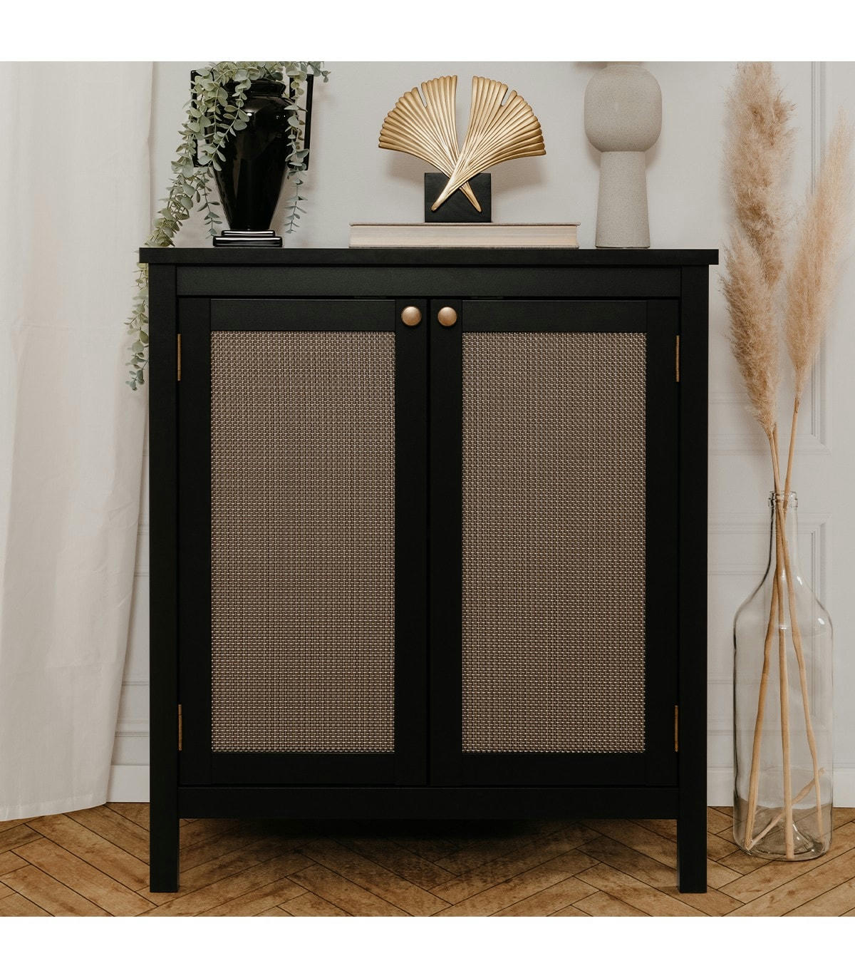 KRAKOW - Buffet noir 2 portes effet bois avec cannage métal - L80 x H90 cm