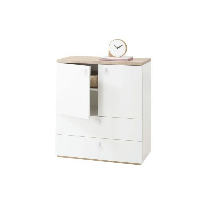 GABRIEL - Commode 2 portes 2 tiroirs décor chêne et blanc enfant ado