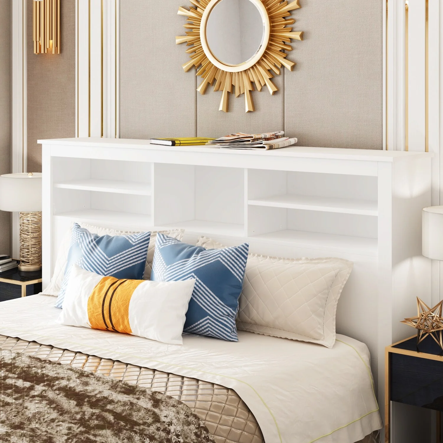 Queen Size Bookcase Headboard With A Hole For Passing Cords & Lights