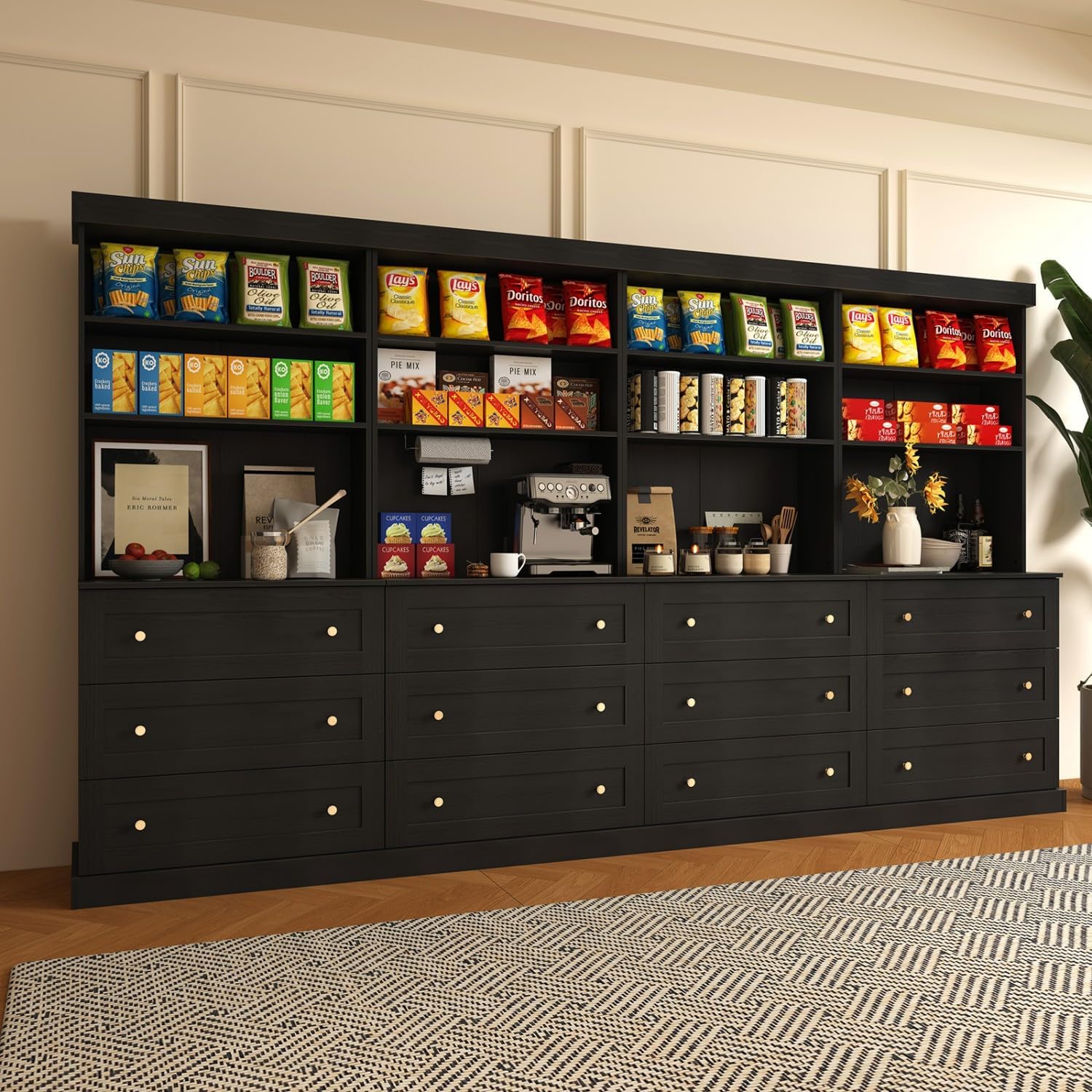 71 Tall Farmhouse Kitchen Pantry, Large Storage Cabinet with Drawers, Freestanding Coffee Bar Hutch with Microwave Stand, Adjustable Shelves for Kitchen, Living Room, Black 4 Pcs