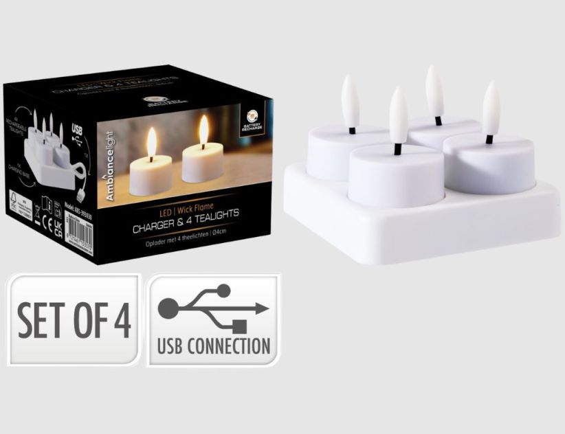 Aufladbare LED-Teelichter mit Flackereffekt und Ladestation 4er-Set