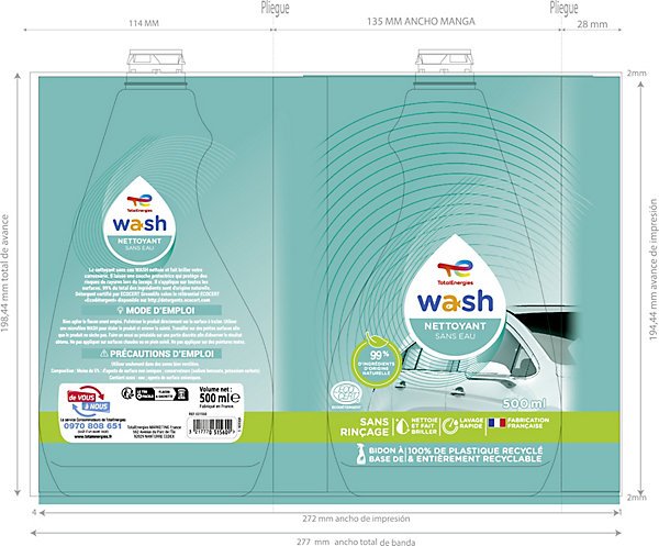 Nettoyant sans eau sans rinçage Total Energies Wash 500 ml