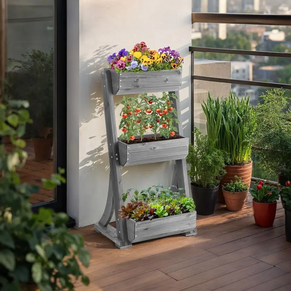 tectake Plantenbak Flora, gelakt hout, met plantenfolie, Grijs