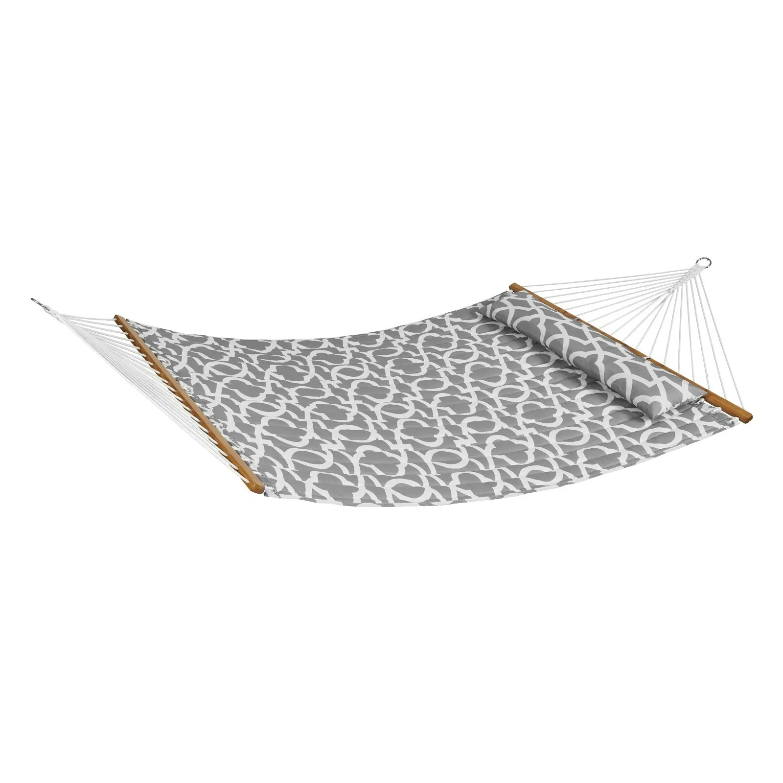 Grey White Cotton Polyester Quilted Double Hammock with Wood Bars - 55.1” L x 74.8” H