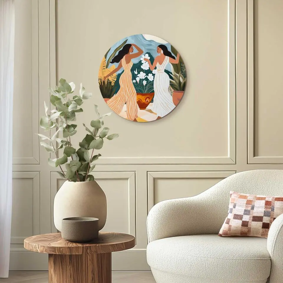 Glasschilderij Dansende dames - &Oslash; 50 - Bont