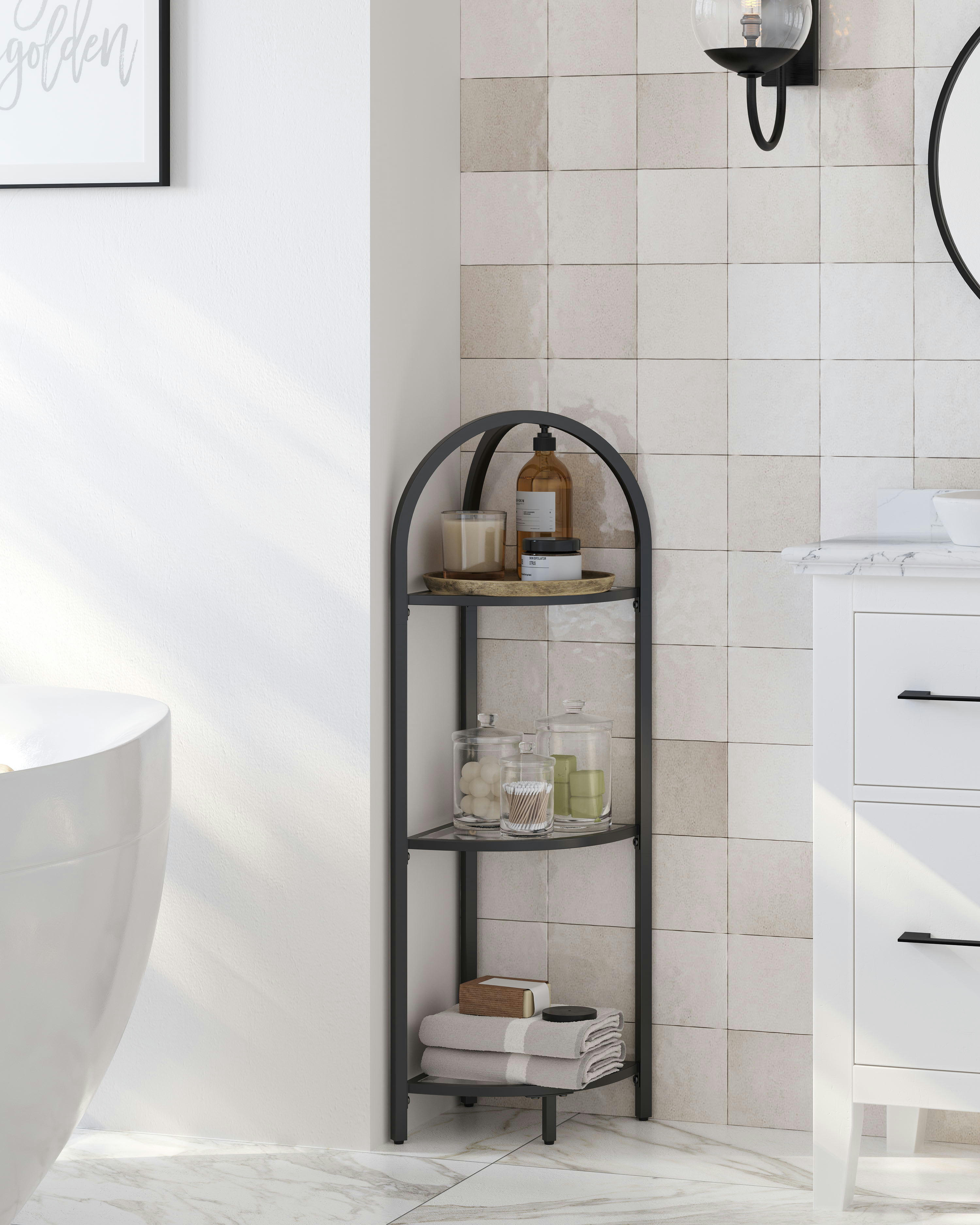 - Étagère d’angle à 3 niveaux cadre en métal noir classique