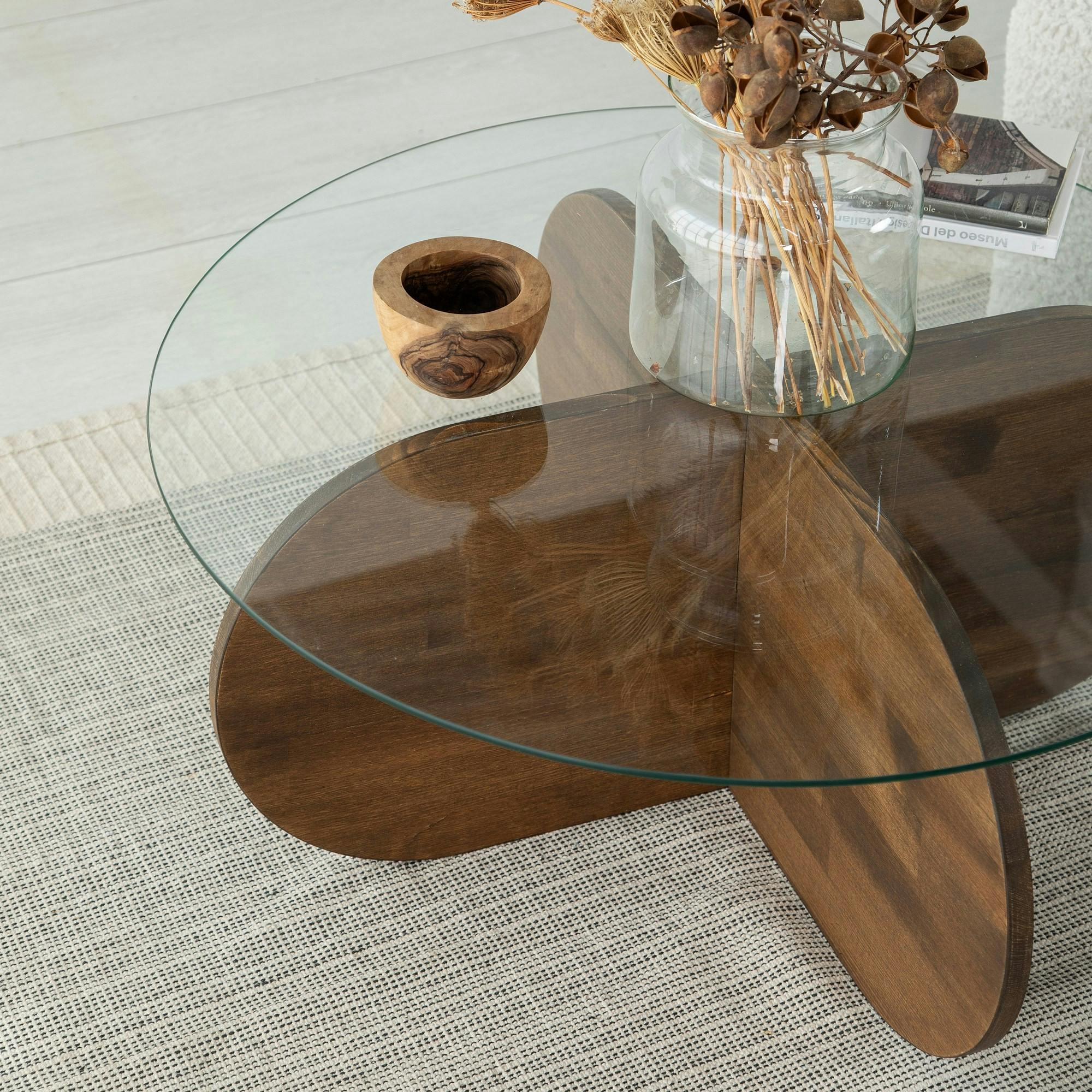 Table basse en verre – pied en croix bois brun ANZIO