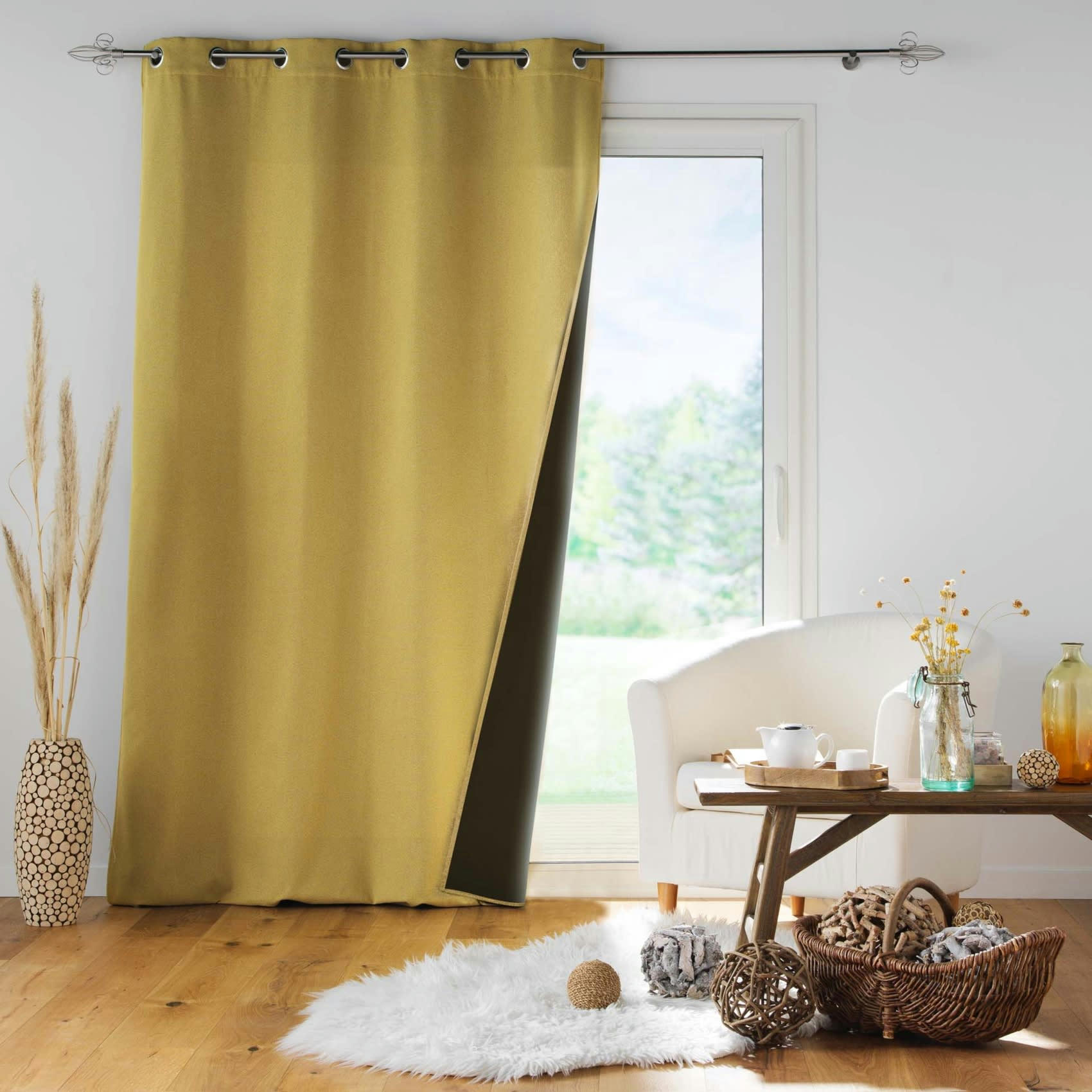 - Rideau isolant doublé polaire polyester jaune ocre 140x260 cm