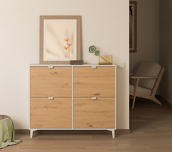 Meuble à chaussures, commode à chaussures coloris blanc, chêne - Hauteur 97 x Longueur 116 x profondeur 20 cm