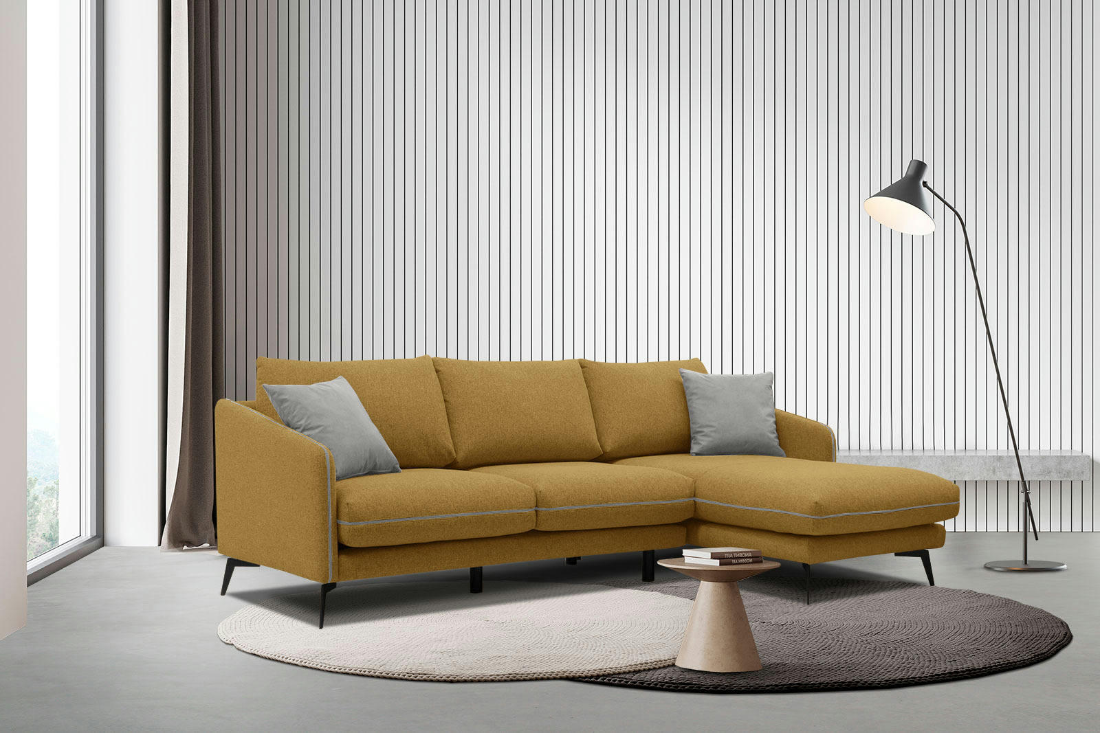 SOGEL - Canapé d'angle droit 4 places tissu jaune