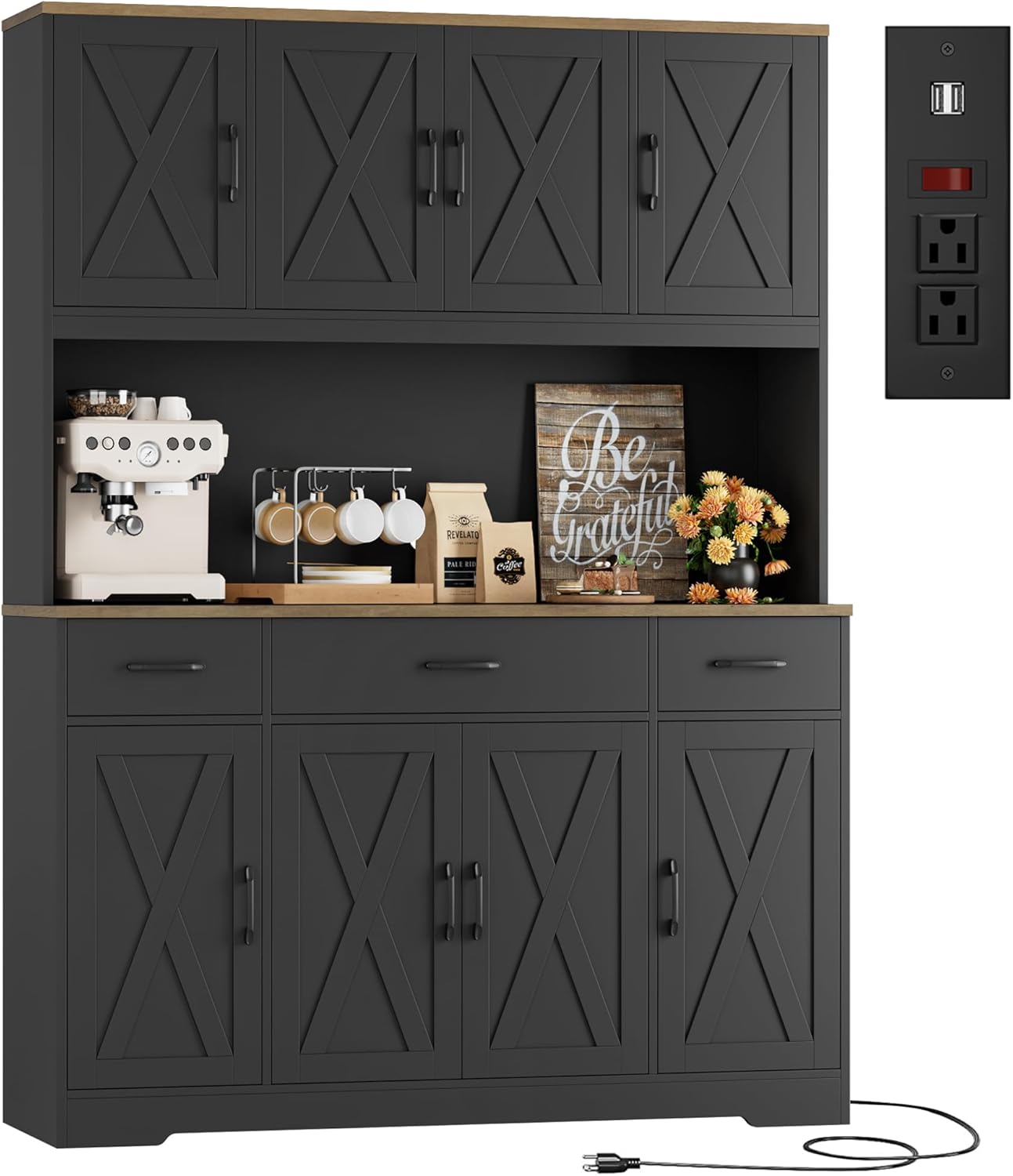 HOSTACK 71 Tall Pantry Cabinet with Charging Station, 55 Wide Kitchen Pantry Storage Cabinet with Countertop, Large Kitchen Hutch with Storage Drawers and Microwave Stand for Dining Room, Black