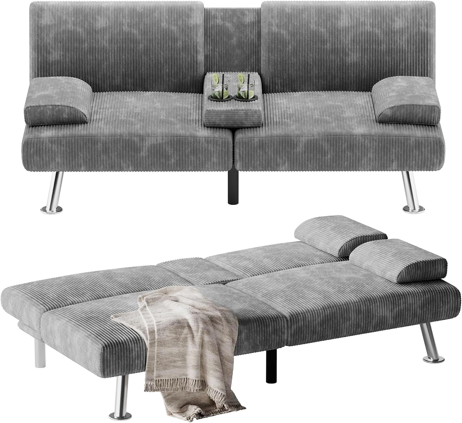 Flamaker Futon Sofa Bed Modern Folding Futon Set Convertible Recliner Lounge for Living Room with 2 Cup Holders, Removable Armrests (Corduroy, Marble Grey)