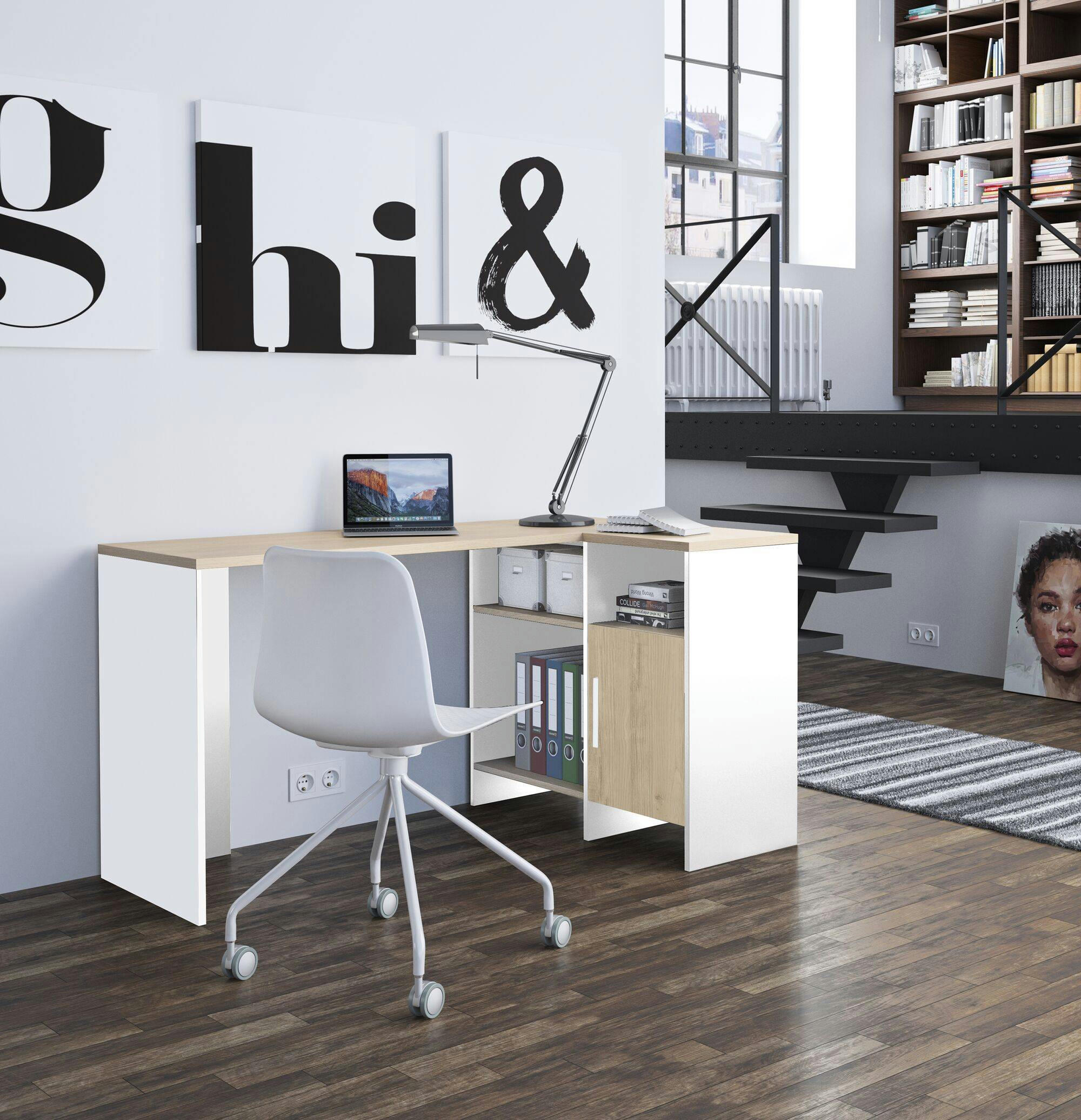 GARRY - Bureau d'angle effet bois et blanc