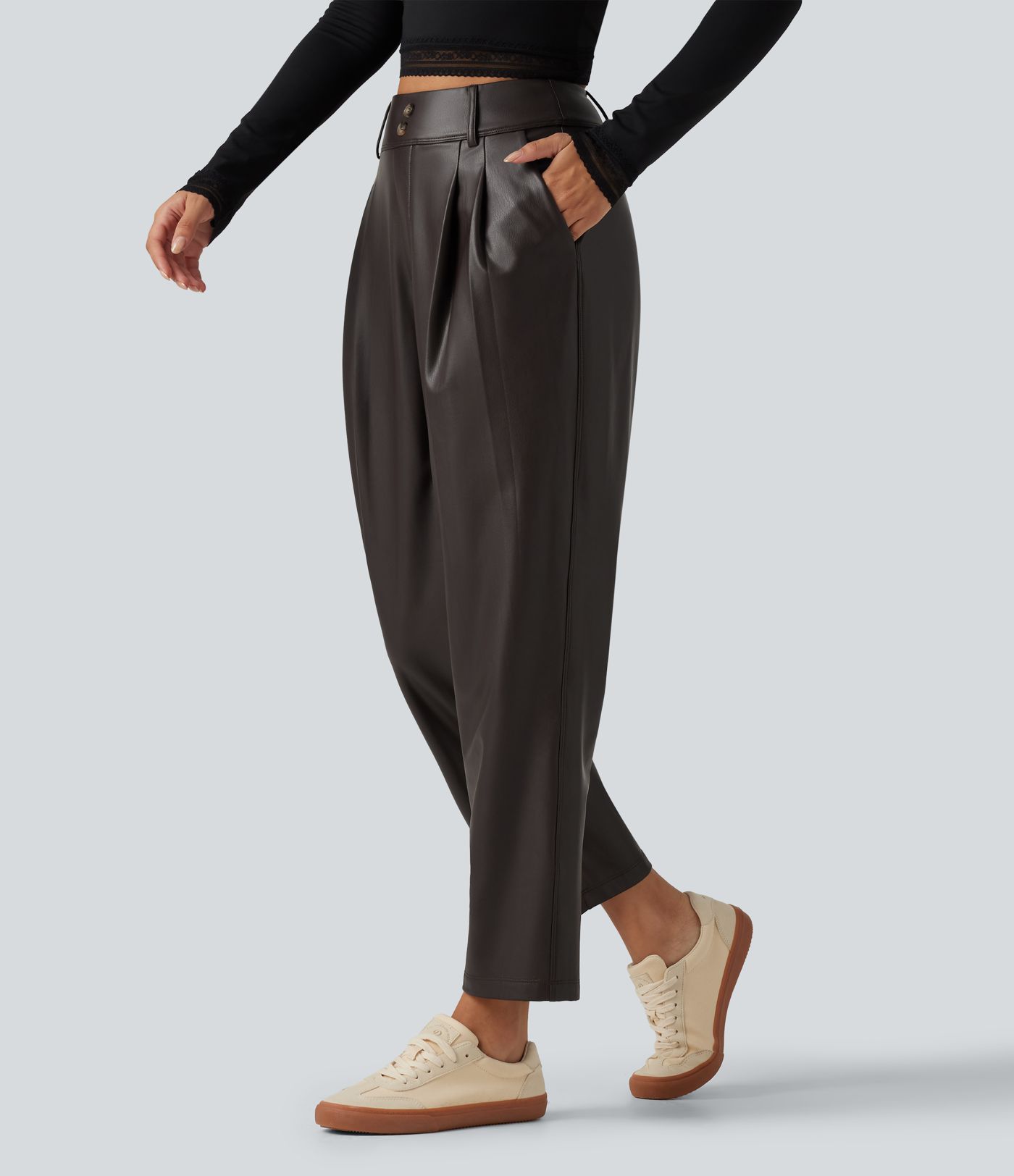 Pantalon en simili stretch doublé polaire taille haute coupe fuselée avec poches