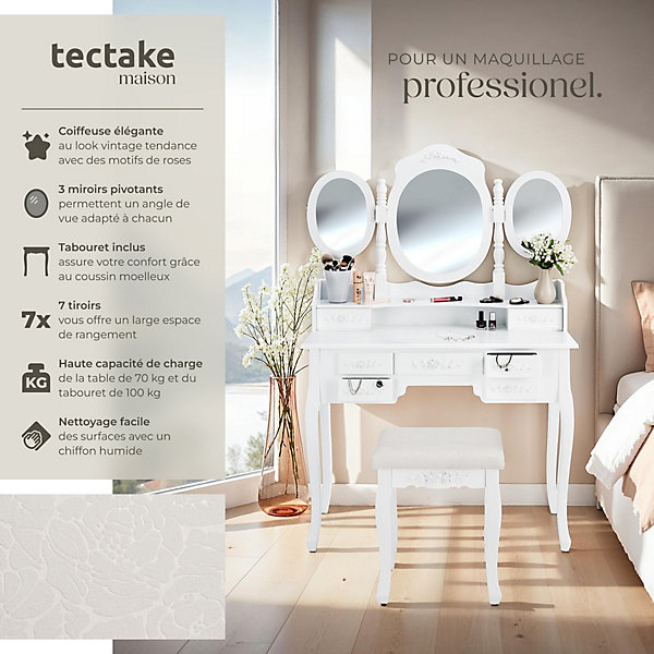 Coiffeuse avec 3 miroirs 7 tiroirs au look antique, avec tabouret rembourré