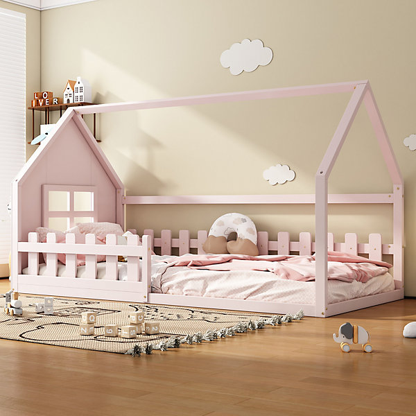 Lit Cabane 90 x 200 cm - Lit enfant avec Barrières de Sécurité - Pin   MDF - Sans Matelas - Rose