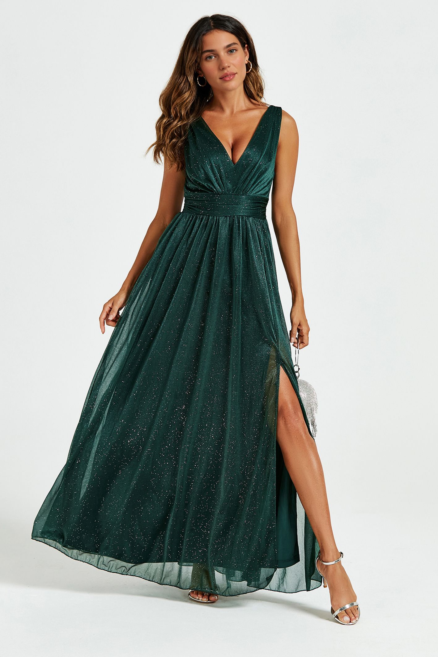 FS Collection Sparkly V Neck Bridesmaid Maxi Dress