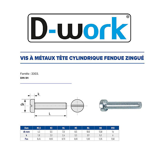500 Vis Métaux Tête Cylindrique Fendue 2.5 x 8 mm - DIN 84 - Zingué blanc - D-Work
