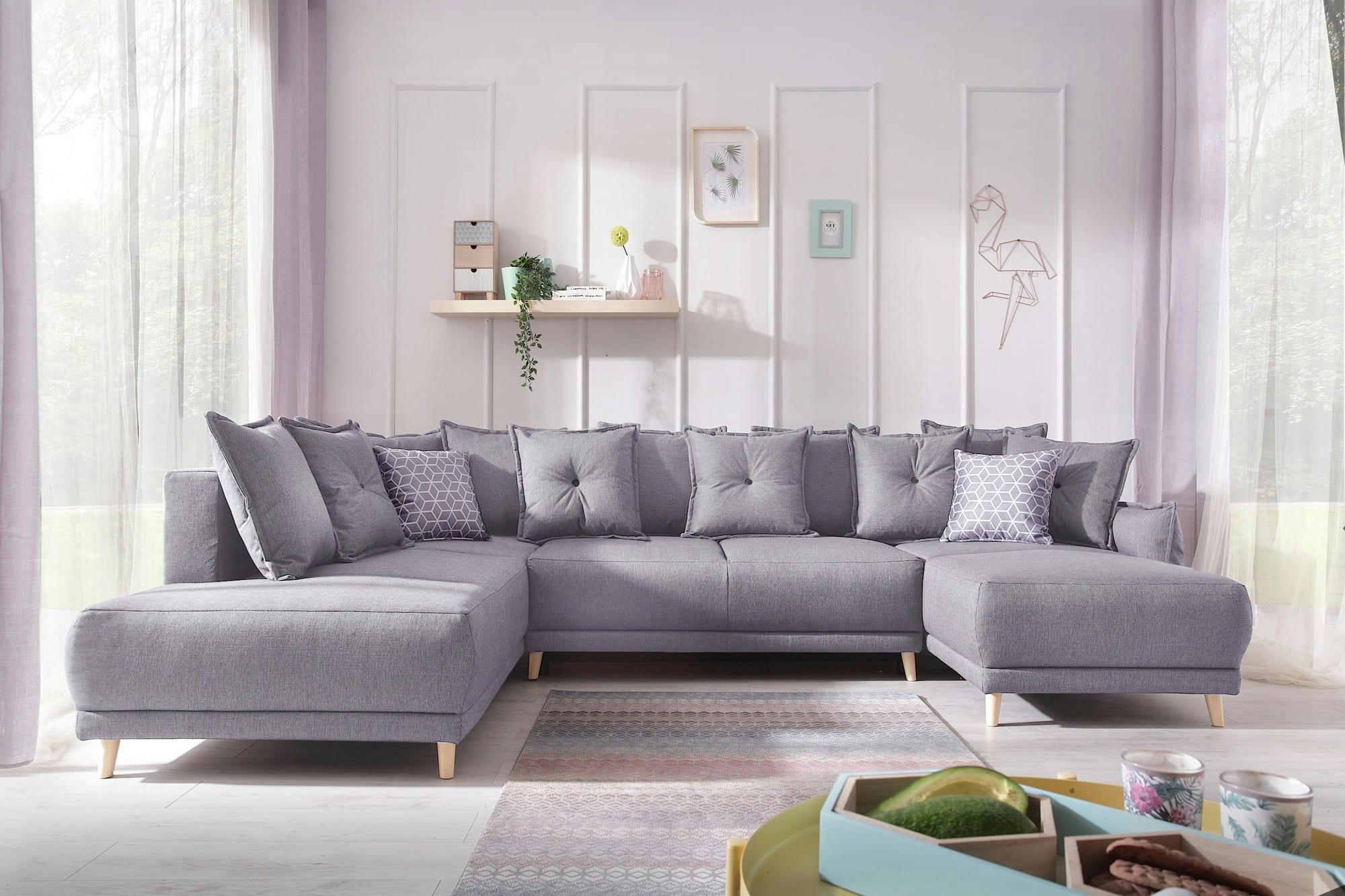 LENA - Canapé panoramique 7 places angle gauche en tissu gris clair