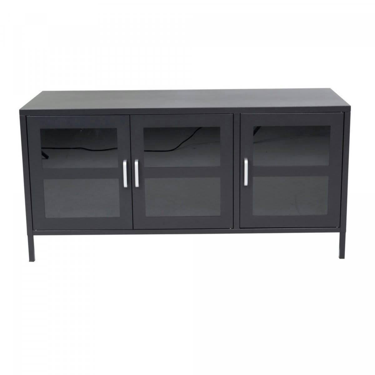 NATHAN - Meuble TV industriel en métal avec 3 portes vitrées noir