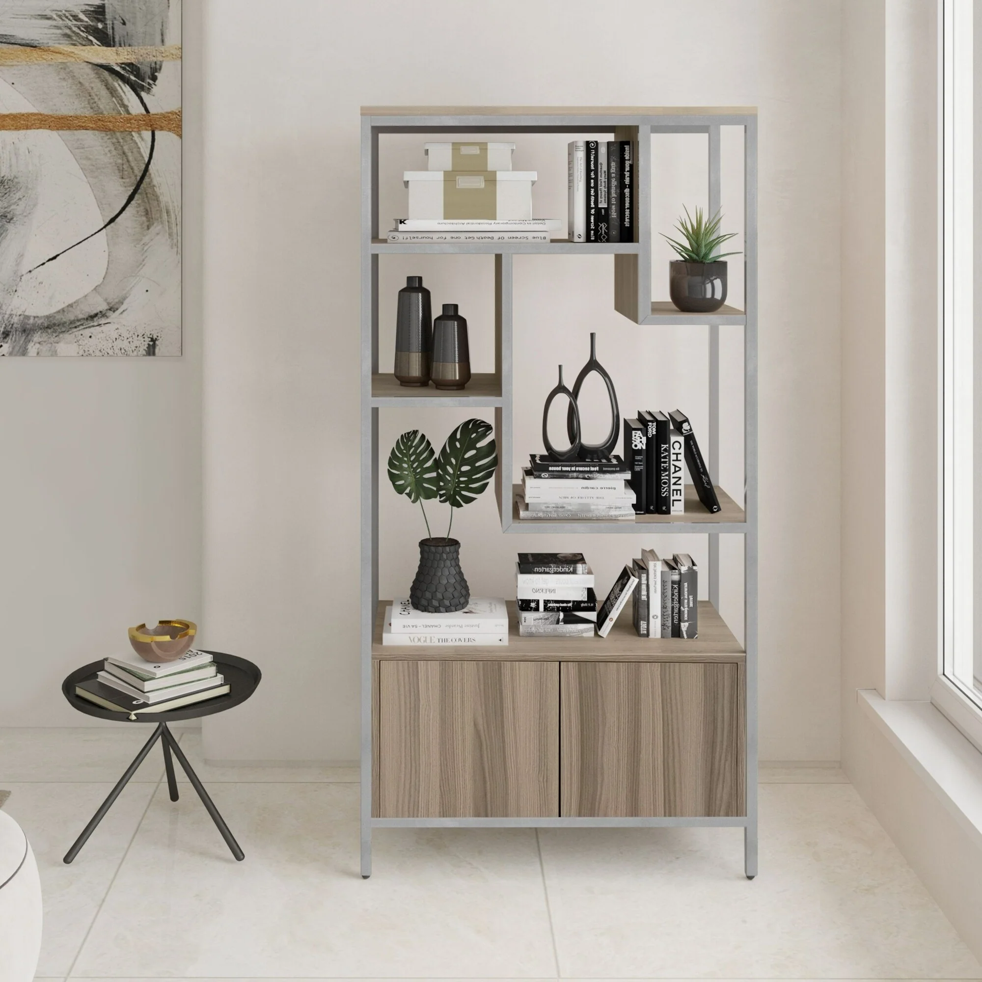 Storage Rack Shelf with Door Cabinet - 63 - Brown and Silver