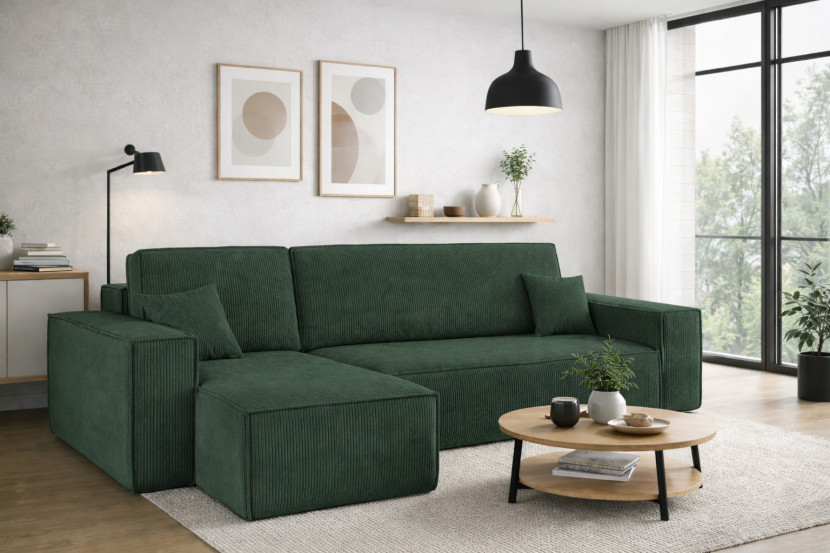 Sofa w kształcie L BEST narożnik, tkanina Poso, Ciemnozielony Lewostronny