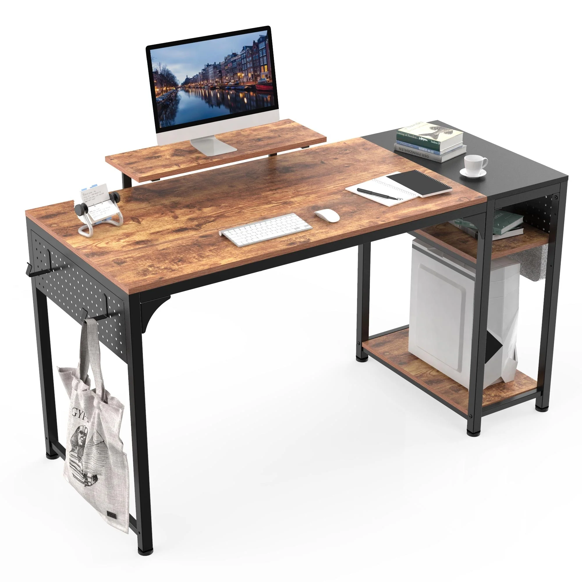 Rustic Home office Desk Computer Desk with Monitor Stand & Storage Shelf